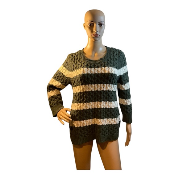 J. Crew Sweaters - J Crew Womens Sweater Size M Green Ivory Striped Crew Neck 3/4 Sleeve Wool Top